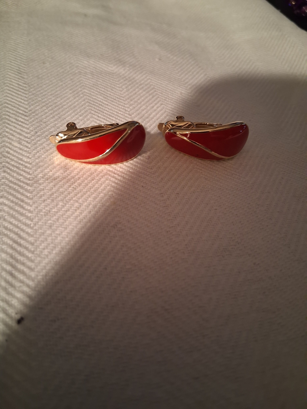 Trifari Gold-Tone Red Enamel Crescent Clip Earrings